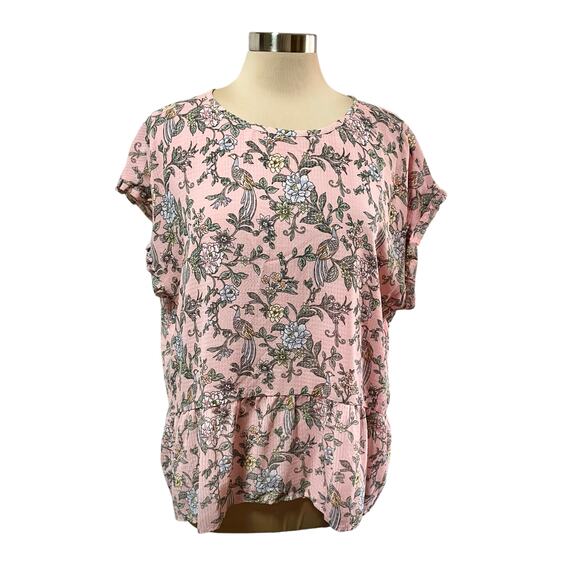 Loft Peach Floral Print Short Sleeve Top Ruffle Hem Sz XL Cottage Casual Spring - Picture 1 of 10